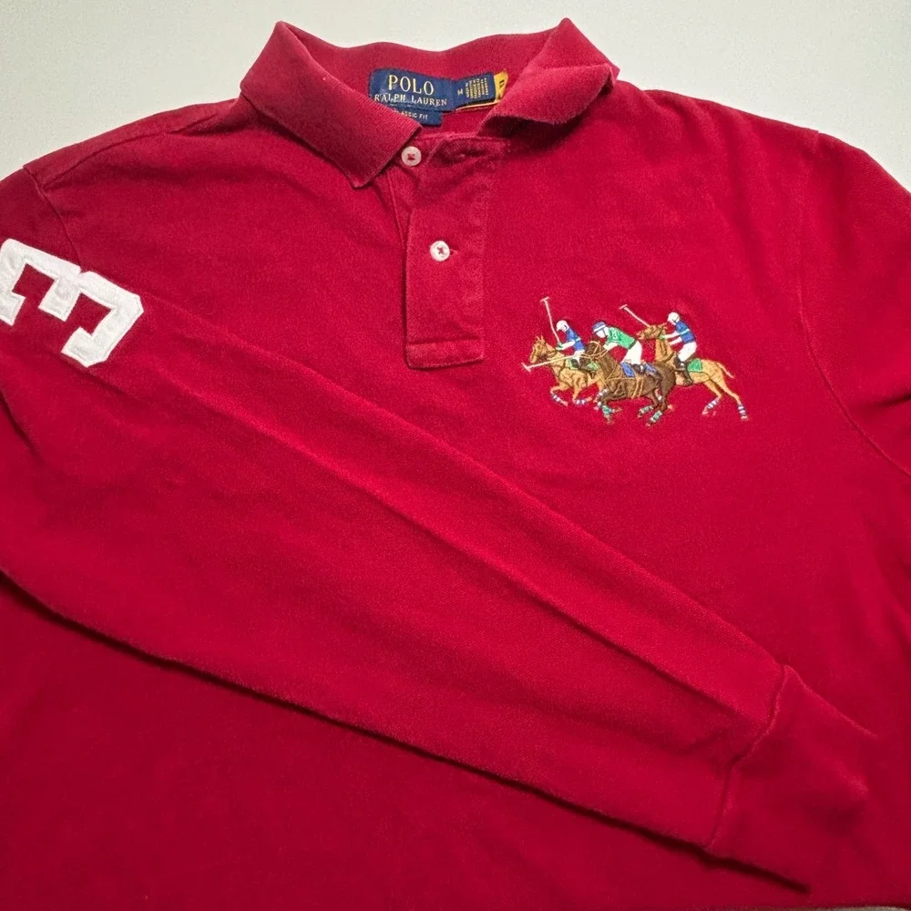 Polo Ralph Lauren Triple Pony Polo Shirt Red Mens M Classic Fit Long‎ Sleeve